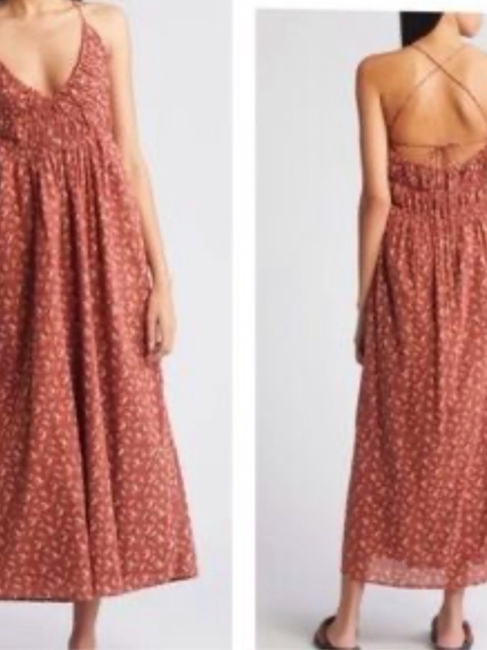 Treasure & Bond Smocked Bodice Strappy Back Cotton Dress In Brown Mahogany